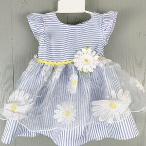 Vintage Youngland Dress Baby Girl 18 Month Blue White Striped Daisy Chiffon Full